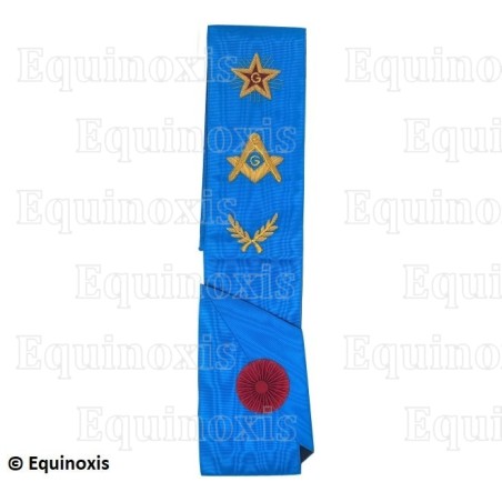 Cordon maçonnique moiré – Rite Français Groussier – Maître – Equerre-et-compas + G + Etoile flamboyante – Brodé main