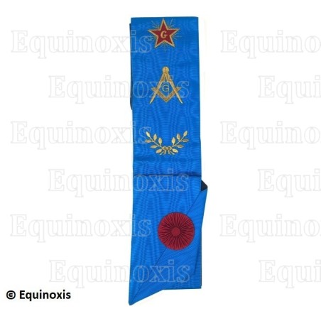Cordon maçonnique moiré – Rite Français Groussier – Maître – Equerre-et-compas + G + Etoile flamboyante – Brodé machine