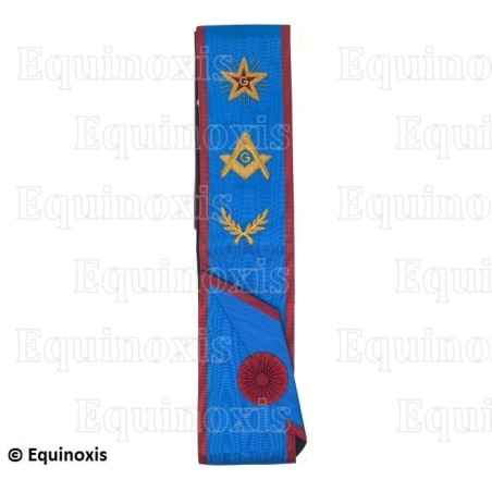Cordon maçonnique moiré – REAA – Maître – Equerre et compas + G + Etoile flamboyante – Brodé main