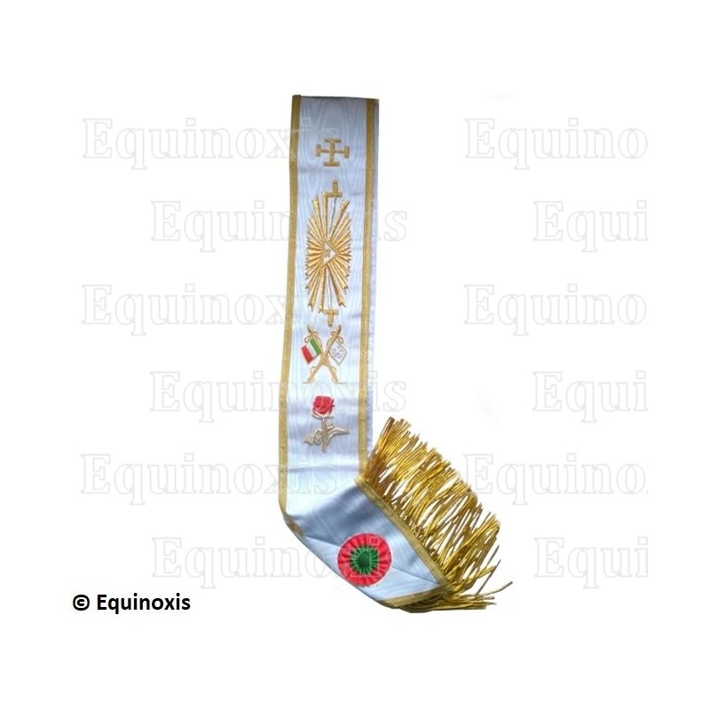 Echarpe maçonnique moirée – REAA – 33ème degré – TPGC – Croix potencée, rose et franges – Drapeau italien – Brodé machine
