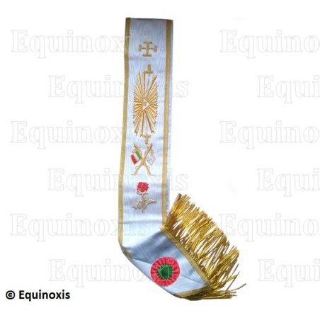 Echarpe maçonnique moirée – REAA – 33ème degré – TPGC – Croix potencée, rose et franges – Drapeau italien – Brodé machine