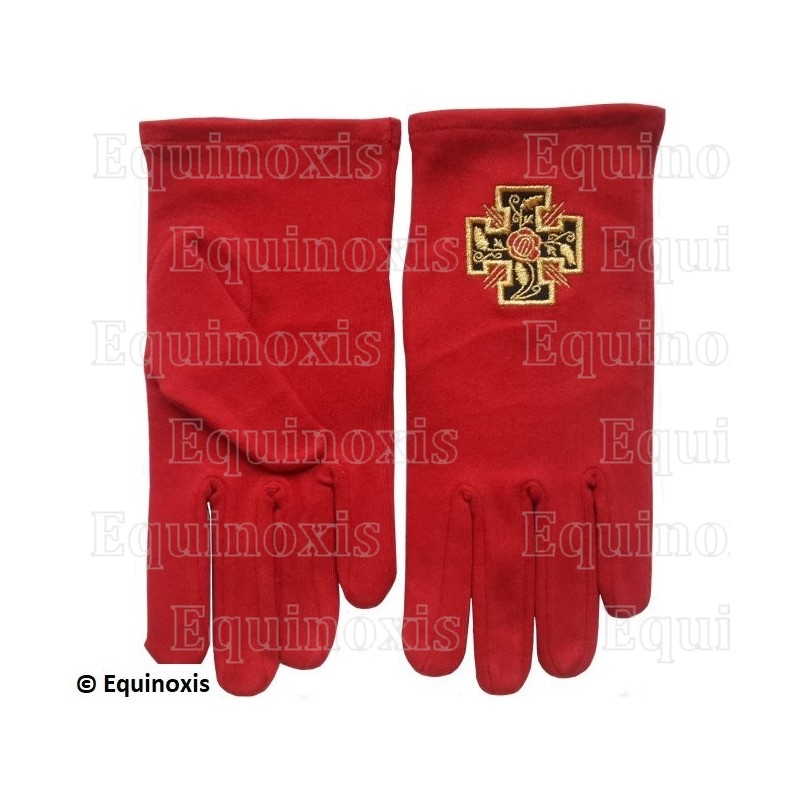 Gants maçonniques coton brodés rouges – REAA – 18ème degré – Croix potencée – Taille S