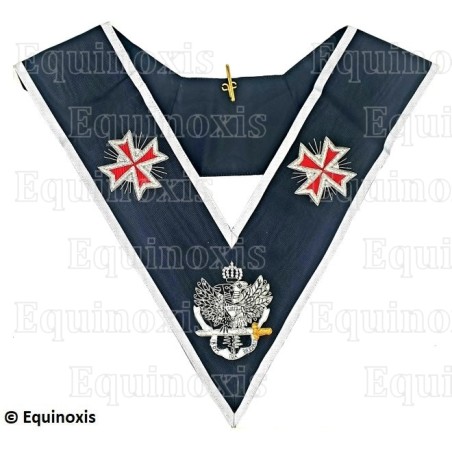 Sautoir maçonnique moiré – REAA – 30ème degré – Très Eminent Commandeur – Croix templières et aigle bicéphale – Brodé main