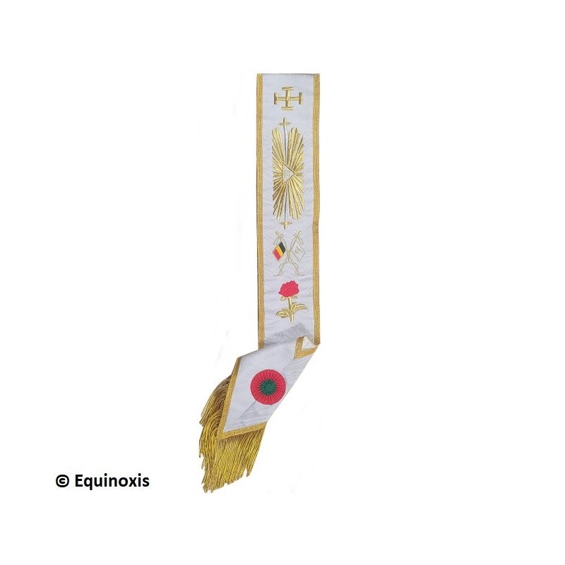 Echarpe maçonnique moirée – REAA – 33ème degré – TPGC – Croix potencée, rose et franges – Drapeau belge