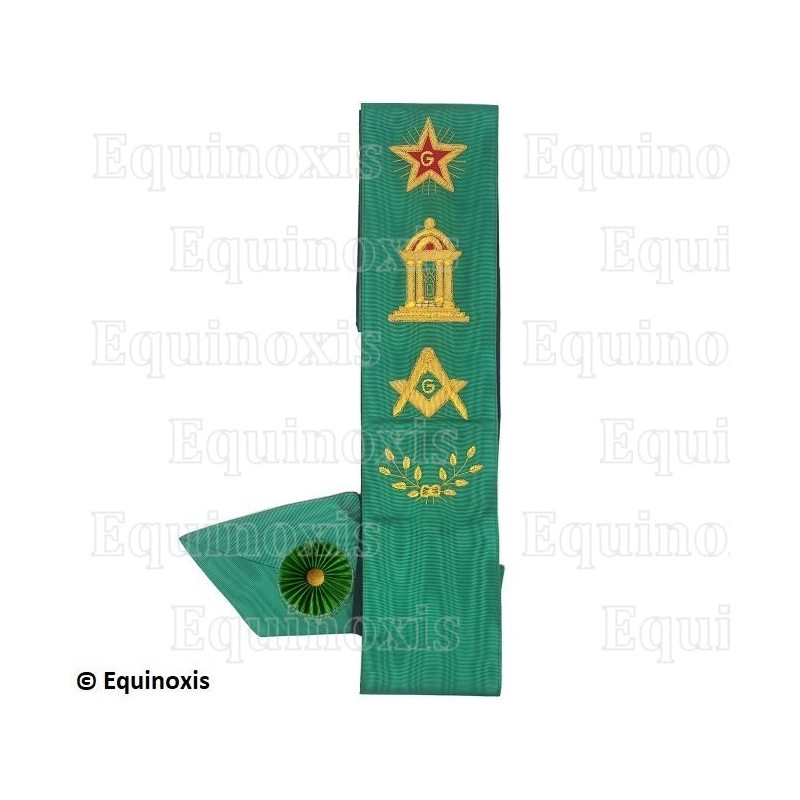 Cordon maçonnique moiré – Rite de Cerneau – Maître – Etoile flamboyante, temple, équerre et compas, acacia – Brodé main