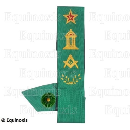 Cordon maçonnique moiré – Rite de Cerneau – Maître – Etoile flamboyante, temple, équerre et compas, acacia – Brodé main