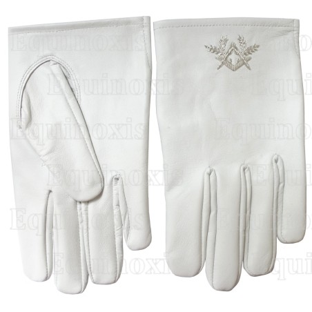 Gants maçonniques cuir blanc – Equerre et Compas blancs – Taille M