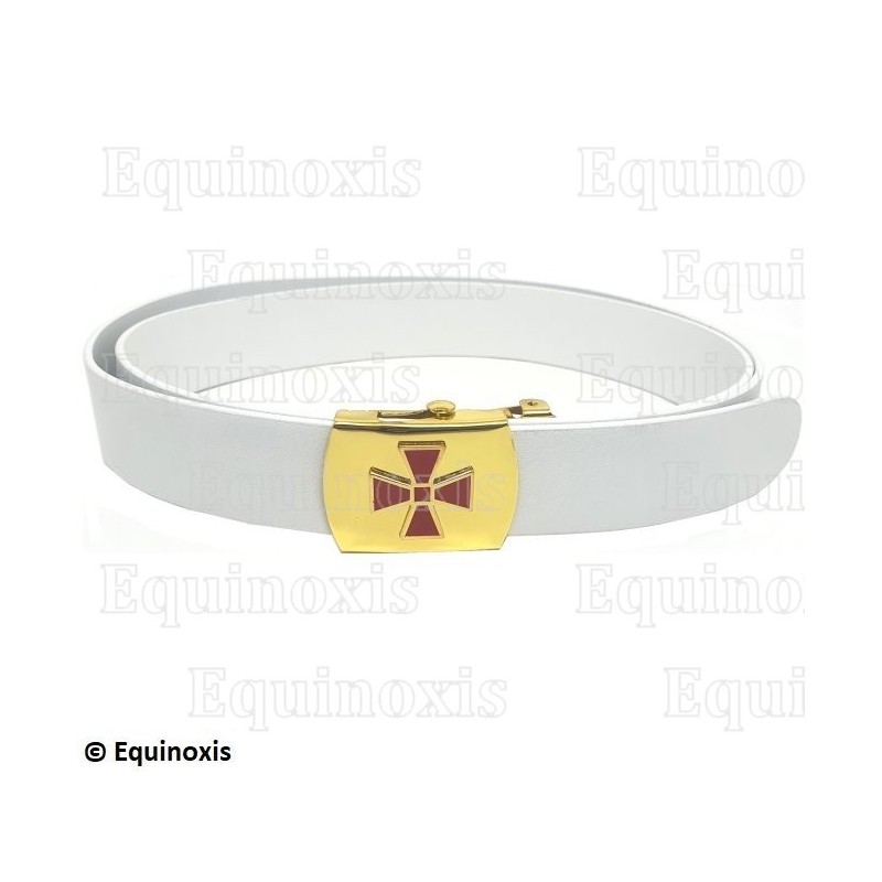 Ceinture maçonnique blanche – RER – CBCS – Boucle dorée avec croix templière rouge
