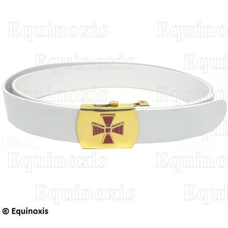Ceinture maçonnique blanche – RER – CBCS – Boucle dorée avec croix templière rouge