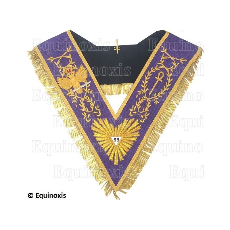 Sautoir maçonnique moiré – Memphis-Misraïm – 99ème degré – Aigle et croix ankh – Brodé main