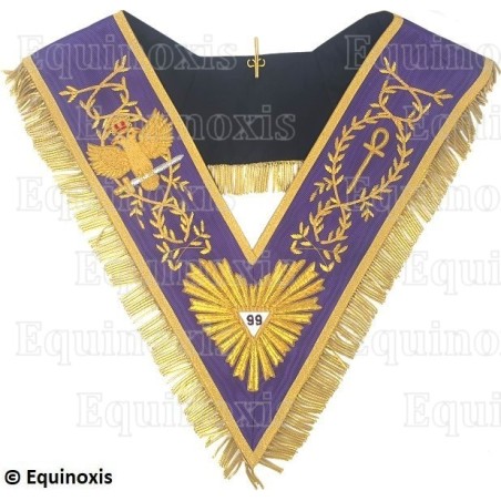Sautoir maçonnique moiré – Memphis-Misraïm – 99ème degré – Aigle et croix ankh – Brodé main
