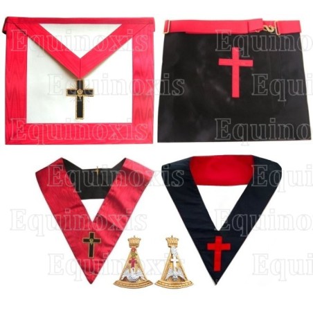 Ensemble 18ème degré – Souverain Prince Rose-Croix – Tablier faux cuir + sautoir brodés machine + bijou – Croix latine