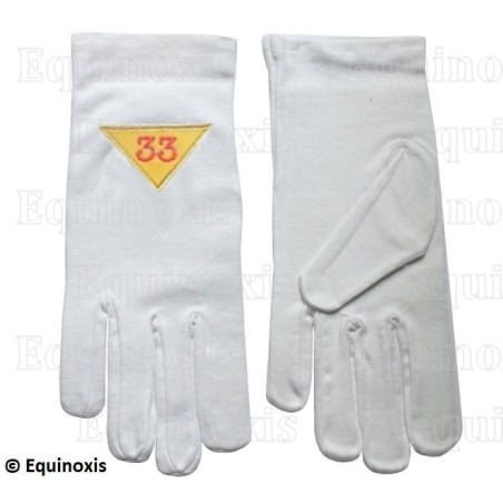 Gants maçonniques coton brodés – REAA – 33ème degré – Triangle vers le bas – Taille L