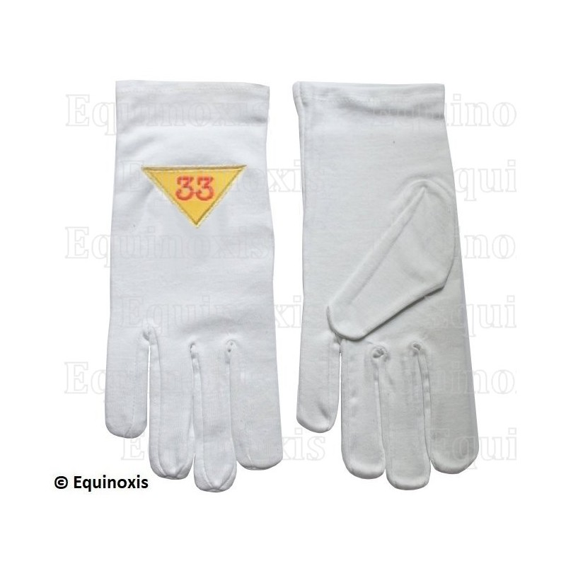 Gants maçonniques coton brodés – REAA – 33ème degré – Triangle vers le bas – Taille XXL