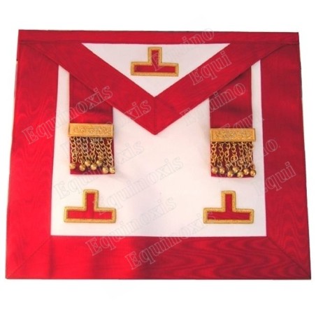 Tablier maçonnique en cuir – REAA – Vénérable Maître – 3 taus + penderilles – Dos rouge