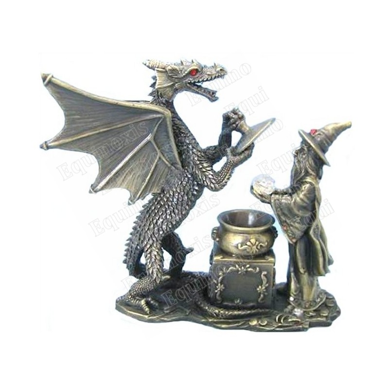 Figurine magicien étain – Magicien et dragon devant un chaudron