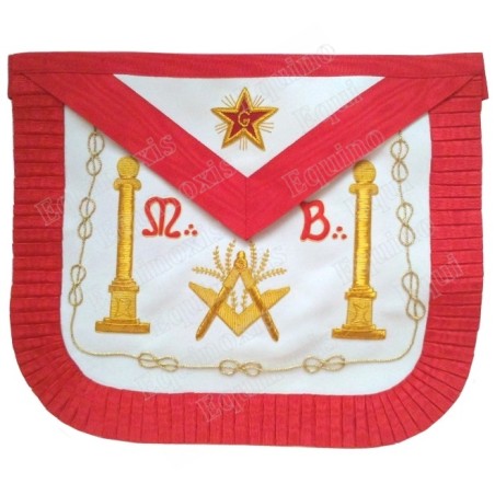Tablier maçonnique en cuir – REAA – Maître – Equerre et compas + acacia + colonnes – Dos deuil